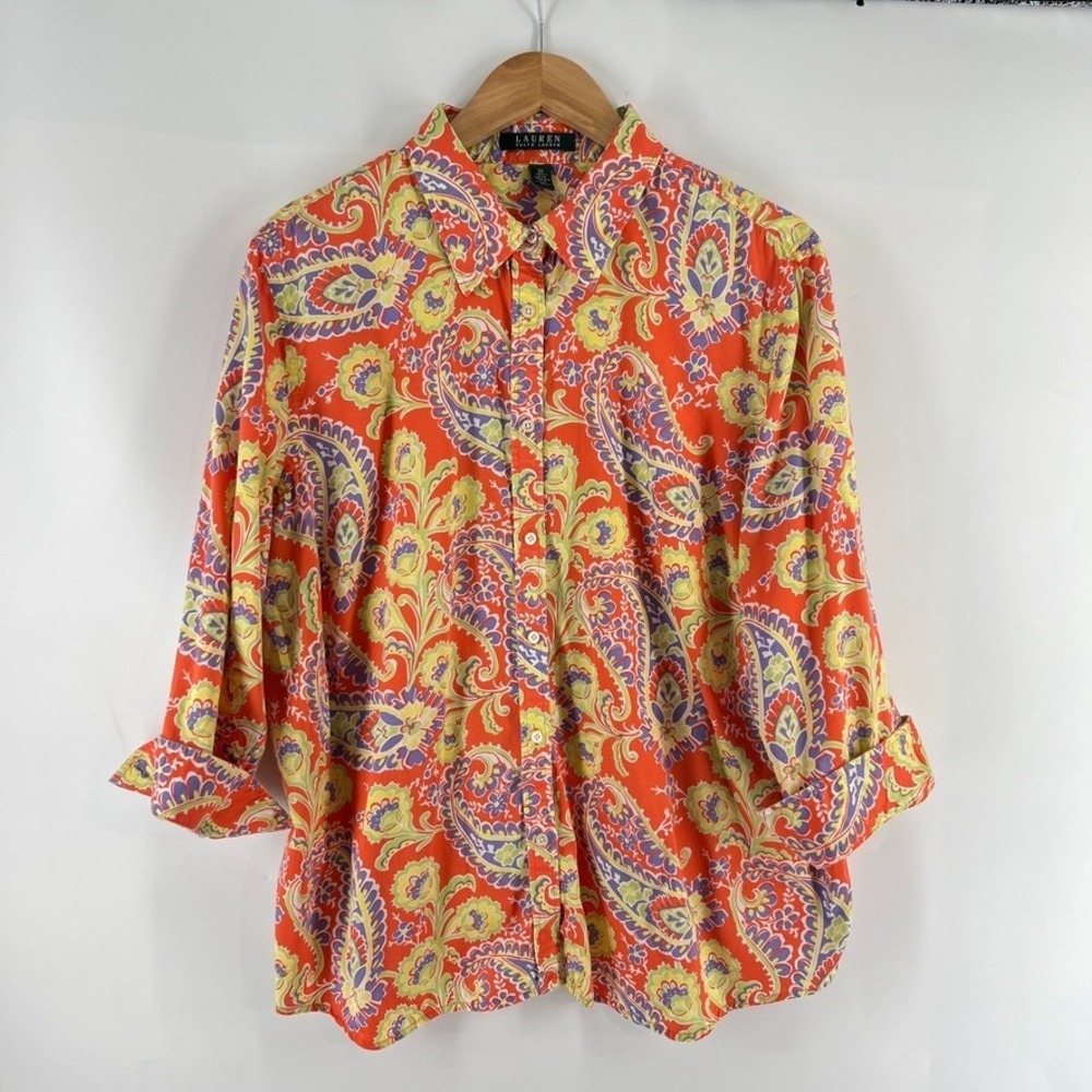 LAUREN Ralph Lauren 2X Paisley Blouse Shirt Orange Cotton Boho Office Maximalist